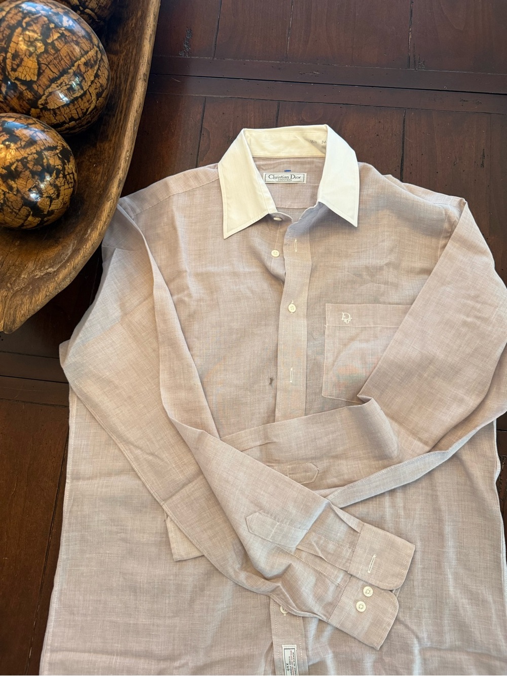 Vintage Christian Dior! Long-Sleeve Dress Shirt in Light Taupe with White Collar